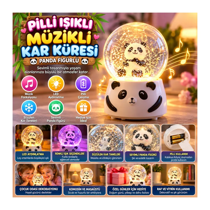 Pilli Işıklı Müzikli Kar Küresi–Sevimli Panda Figürlü Eğlenceli Masaüstü Biblo, LED Aydınlatmalı Dekoratif Hediyelik Kar Küresi