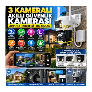 3 Kameralı Kablolu Akıllı Güvenlik Kamerası – 360° PTZ Hareketli, Çift Antenli, WiFi IP, Gece Görüşlü Dış Mekan Kamera