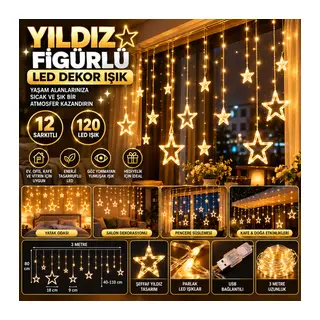 Kumandalı Yıldız Figürlü 12 Sarkıtlı 120 LED Uzaktan Kumandalı Dekor Işık – Masaüstü ve Ortam Aydınlatması