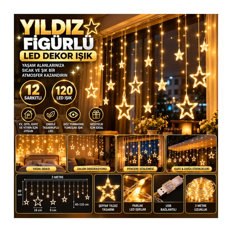 Kumandalı Yıldız Figürlü 12 Sarkıtlı 120 LED Uzaktan Kumandalı Dekor Işık – Masaüstü ve Ortam Aydınlatması