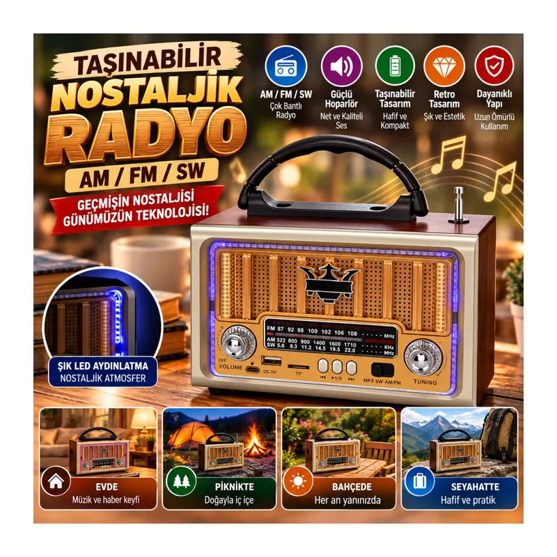 Taşınabilir Klasik AM/FM/SW Retro Nostaljik Radyo