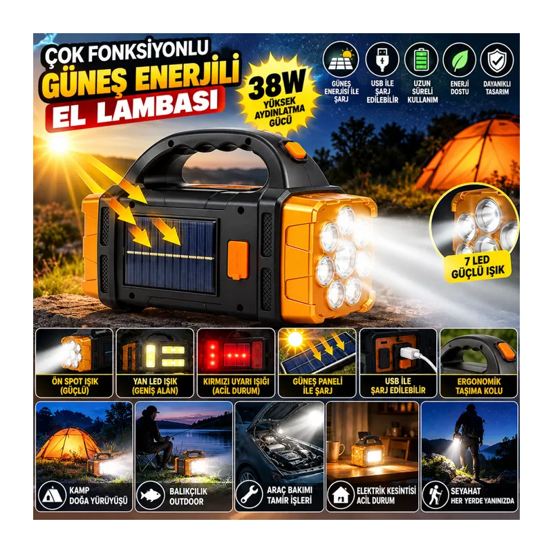Çok Fonksiyonlu Elde Güneş Enerjili Lamba – 38W