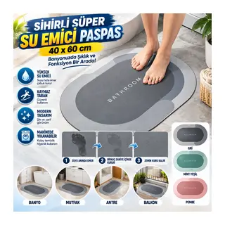 Sihirli Süper Su Emici Kaymaz Tabanlı Oval Paspas 40*60 cm