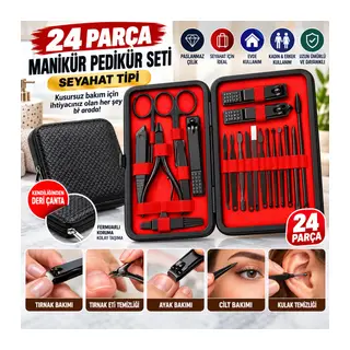 24 Parça Kendiliğinden Deri Çantalı Seyahat Tipi Manikür Pedikür Seti