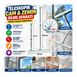 Teleskopik Oynar Başlıklı Cam,Zemin Silme Aparatı Çekçek