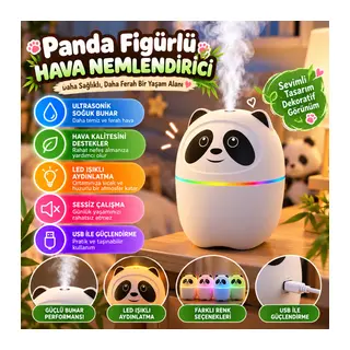 Sevimli Panda Figürlü Hava Nemlendirici – Ultrasonik Soğuk Buhar Makinesi, LED Işıklı Masaüstü Oda Nemlendirici