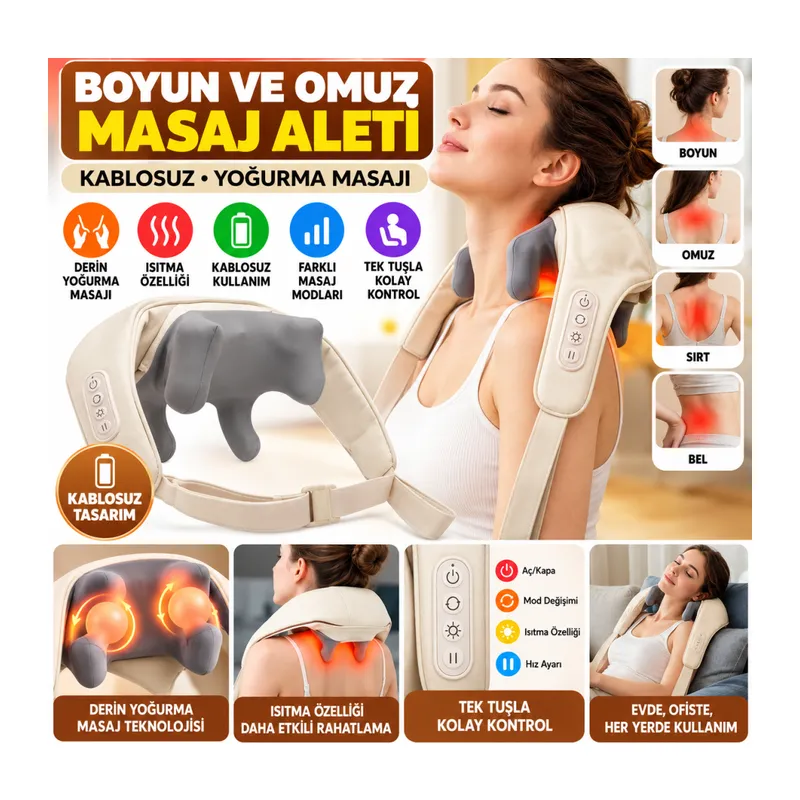 Elektrikli Boyun ve Sırt Masaj Aleti Kablosuz Boyun ve Omuz Yoğurma Masaj Yastığı