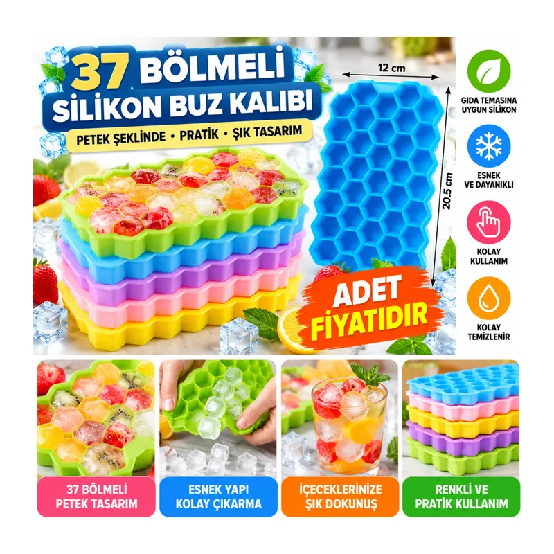 37 Bölmeli Slikon Petek Şeklinde Buz Kalıbı - Stokta Olan Renk Gönderilir (adet fiyatıdır)