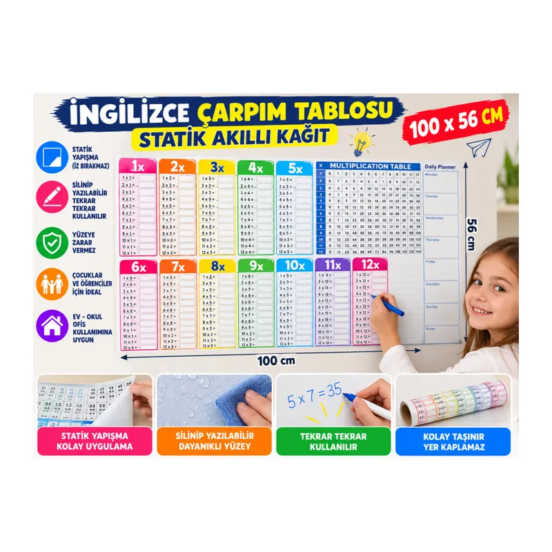 Statik Akıllı Kağıt Ingilizce Çarpım Tablosu 100x56 Cm
