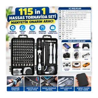 Hassas Tornavida Seti Bilgisayar Pc Telefon Onarım Aracı Seti Manyetik 115 in 1 Tornavida Seti