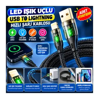 Led Işık Uçlu Sağlam İp Kablolu USB to Lightning Hızlı Şarj Kablosu