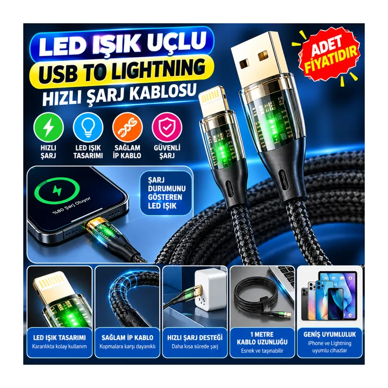 Led Işık Uçlu Sağlam İp Kablolu USB to Lightning Hızlı Şarj Kablosu