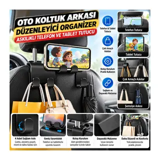 Oto Koltuk Arkası Düzenleyici Organizer Askılıklı Telefon,Tablet Tutucu