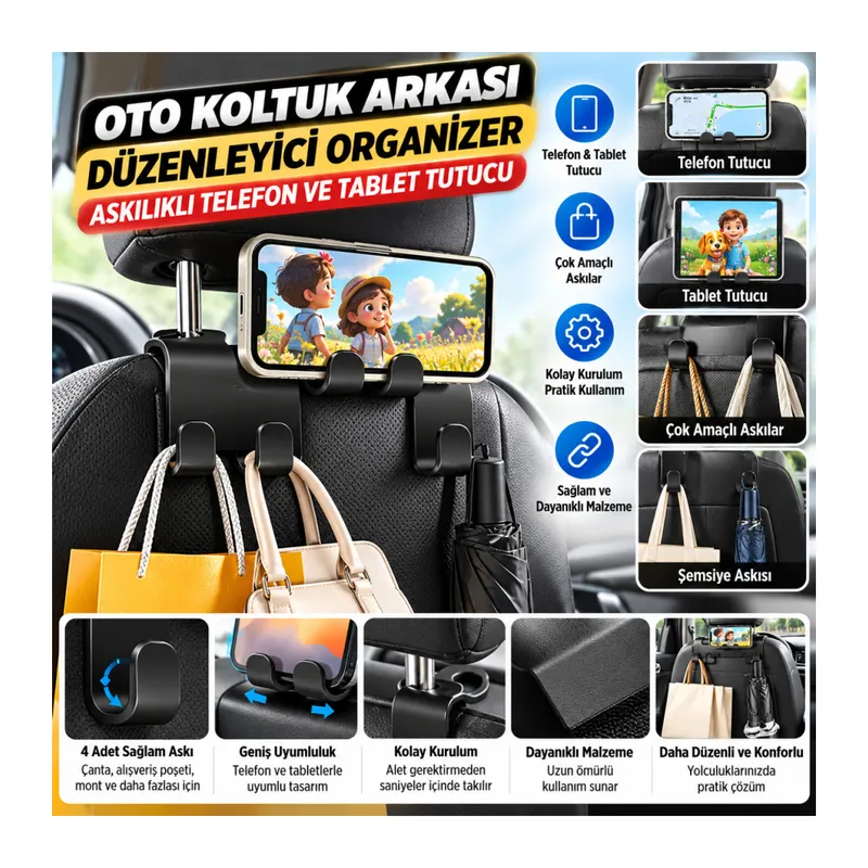 Oto Koltuk Arkası Düzenleyici Organizer Askılıklı Telefon,Tablet Tutucu