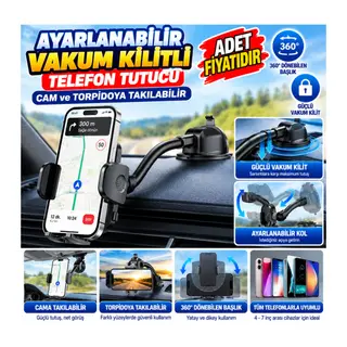 Ayarlanabilir Vakum Kilitli Cam Ve Torpidoya Takılabilen Telefon Tutucu
