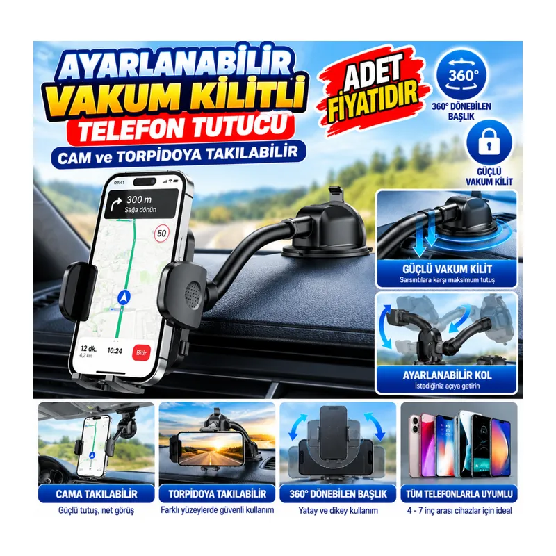 Ayarlanabilir Vakum Kilitli Cam Ve Torpidoya Takılabilen Telefon Tutucu