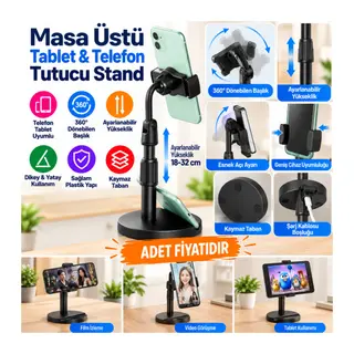Masa Üstü Tablet ve Telefon Tutucu Plastik Aparat Siyah Telefon Standı (adet fiyatıdır)