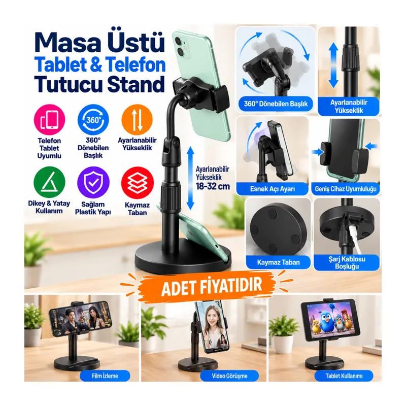 Masa Üstü Tablet ve Telefon Tutucu Plastik Aparat Siyah Telefon Standı (adet fiyatıdır)
