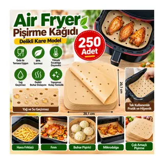 250 Adet Air Fryer Pişirme Kağıdı Tek Kullanımlık Hava Fritöz Yağ Geçirmez Yapışmaz Gıda Pişirme Kağıdı Delikli Kare Model