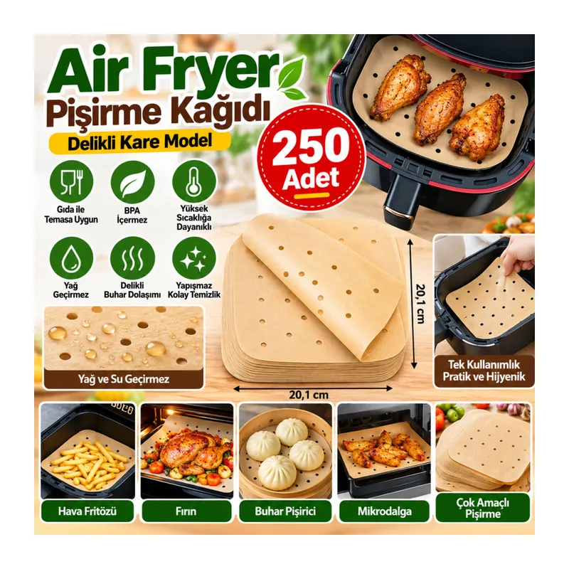 250 Adet Air Fryer Pişirme Kağıdı Tek Kullanımlık Hava Fritöz Yağ Geçirmez Yapışmaz Gıda Pişirme Kağıdı Delikli Kare Model