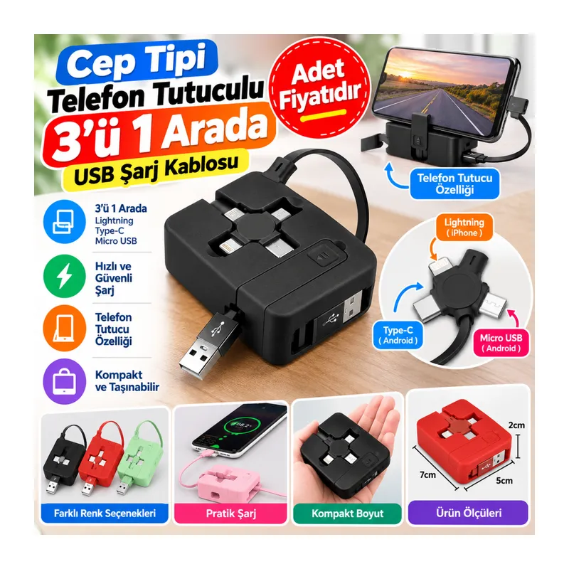 Cep Tipi Telefon Tutuculu Makaralı Uzayıp Kısalabilen 3'ü 1 Arada USB Şarj Kablosu (adet fiyatıdır)