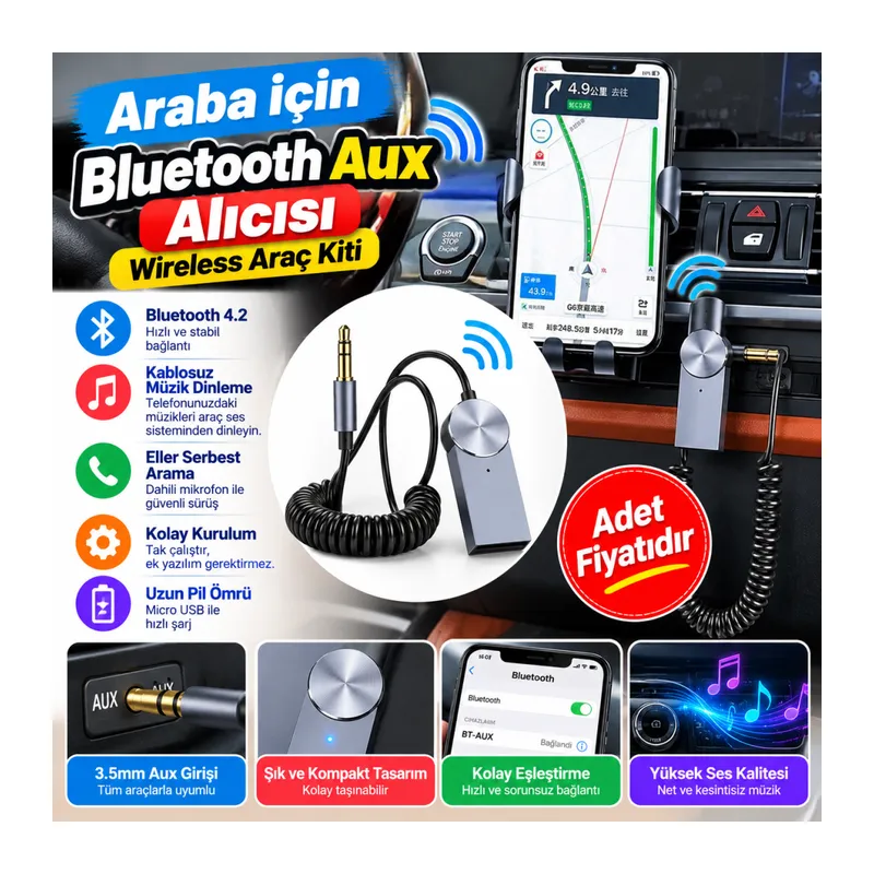 Araba için Bluetooth Aux Alıcısı Wireless Araç Kiti (adet fiyatıdır)