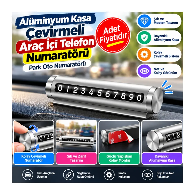 Alüminyum Kasa Gri Renk Çevirmeli Araç Içi Telefon Numaratörü Park Oto Numaratörü (adet fiyatıdır)