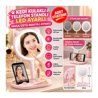 Kedi Kulaklı Telefon Standlı Yuvarlak Dokunmatik Led Ayarlı Masa Üstü Makyaj Aynası(adet fiyatıdır)