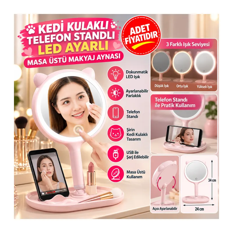 Kedi Kulaklı Telefon Standlı Yuvarlak Dokunmatik Led Ayarlı Masa Üstü Makyaj Aynası(adet fiyatıdır)