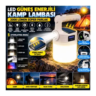 LED Güneş Enerjili Kamp Lambası–2000 Lümen Süper Parlak, 5 Aydınlatma Modlu,USB ile Şarj Edilebilir Dış Mekan,Asılabilir Torch El Feneri
