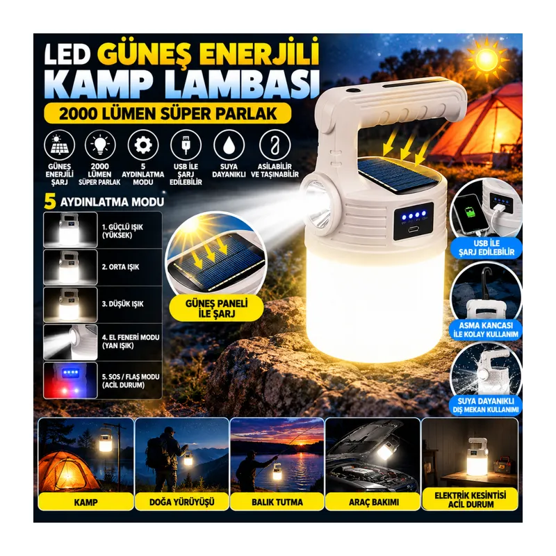 LED Güneş Enerjili Kamp Lambası–2000 Lümen Süper Parlak, 5 Aydınlatma Modlu,USB ile Şarj Edilebilir Dış Mekan,Asılabilir Torch El Feneri