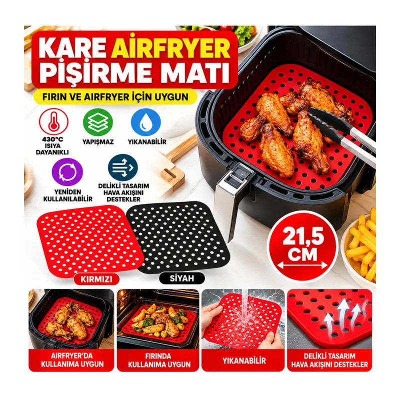 Siyah Isıya Dayanıklı Yıkanılabilir Silikon Fırın Ve Airfryer Kare Model Pişirme Matı 21,5 Cm