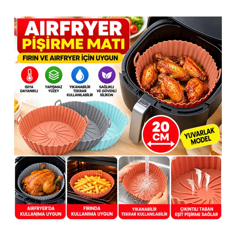 Renkli Isıya Dayanıklı Yıkanılabilir Silikon Fırın Ve Airfryer Yuvarlak Model Pişirme Matı 20 Cm