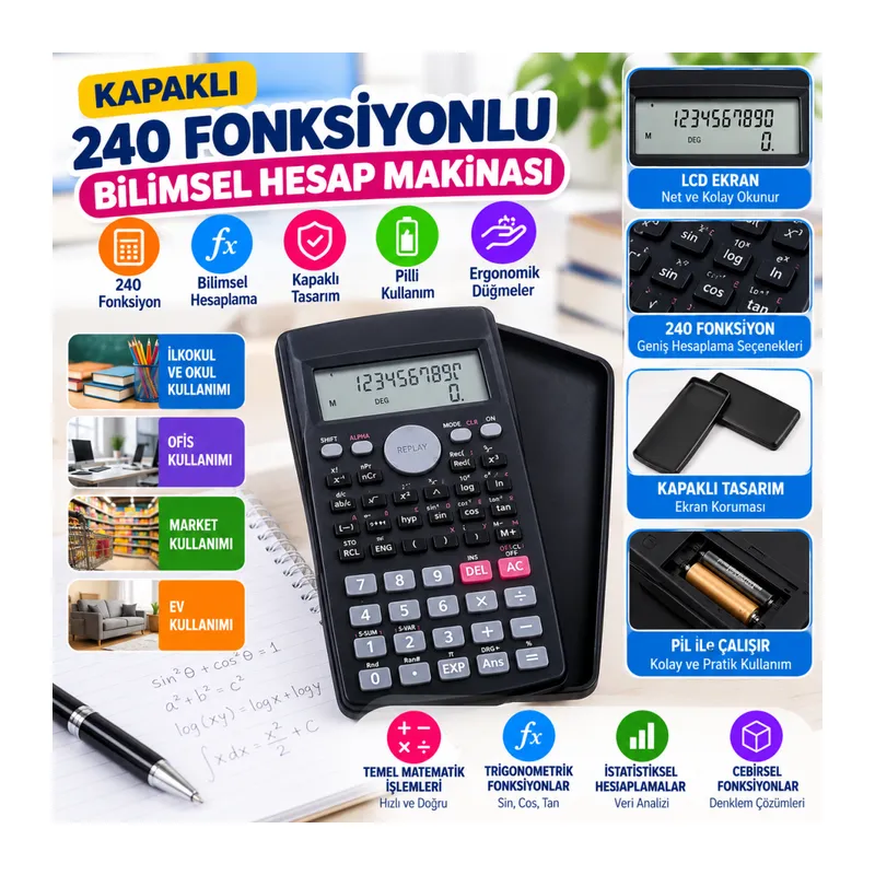 Kapaklı 240 Fonksiyonlu, Pilli Bilimsel Hesap Makinası (adet fiyatıdır)