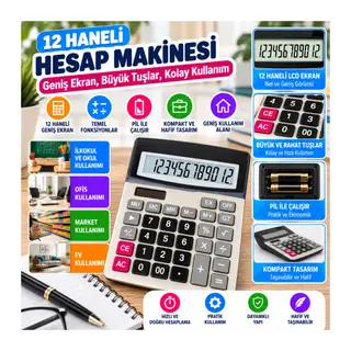 12 Haneli Geniş LCD Ekran, Pilli Büyük Düğmeli Hesap Makinesi (adet fiyatıdır)