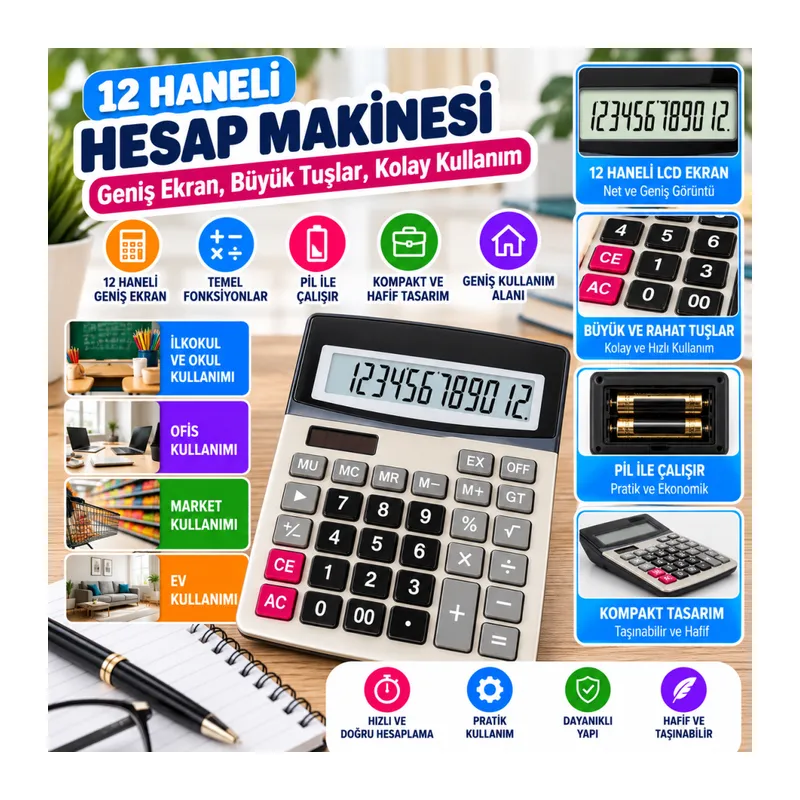 12 Haneli Geniş LCD Ekran, Pilli Büyük Düğmeli Hesap Makinesi (adet fiyatıdır)