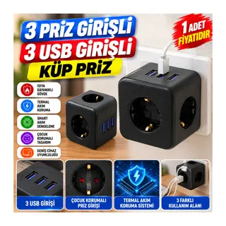 Isıya Dayanıklı Termal Akım Korumalı ve Çocuk Korumalı 3 Priz Girişli 3 USB Girişli Küp Priz(adet fiyatıdır)