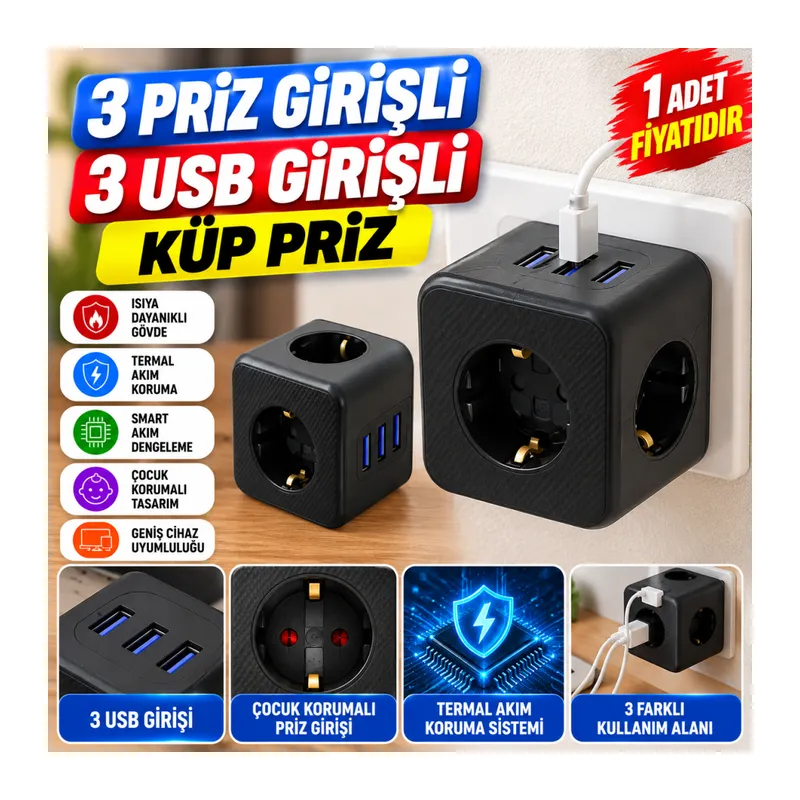 Isıya Dayanıklı Termal Akım Korumalı ve Çocuk Korumalı 3 Priz Girişli 3 USB Girişli Küp Priz(adet fiyatıdır)