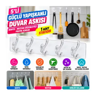5'li Güçlü Yapışkanlı Şeffaf Duvar Askısı Banyo Mutfak Düzenleyici Pratik Askılık (adet fiyatıdır)