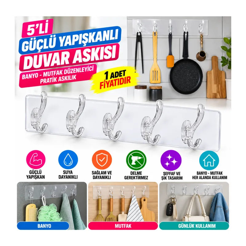 5'li Güçlü Yapışkanlı Şeffaf Duvar Askısı Banyo Mutfak Düzenleyici Pratik Askılık (adet fiyatıdır)