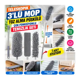 Teleskopik 3'lü Mop Toz Alma Püskülü Çok Fonksiyonlu Temizlik Seti (adet fiyatıdır)