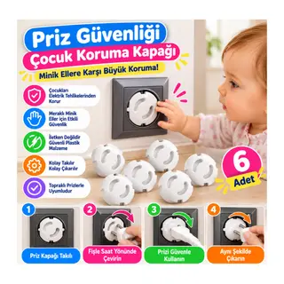 Bebek Çocuk Priz Koruma Kapağı (6 Adet) Çocuk Güvenliği, Priz Muhafazası, Priz Kapatıcı