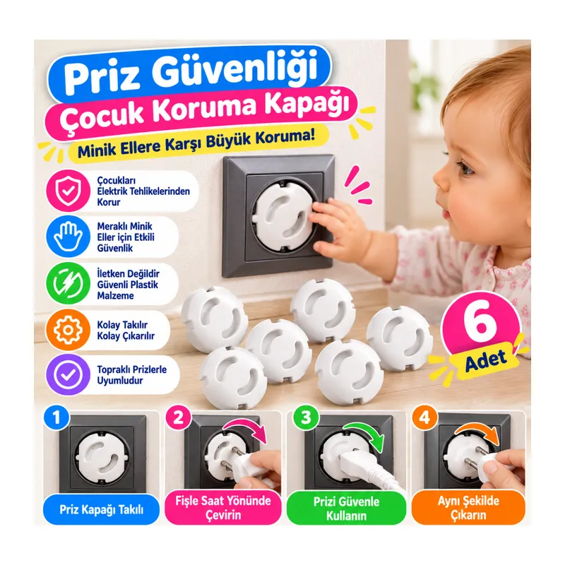 Bebek Çocuk Priz Koruma Kapağı (6 Adet) Çocuk Güvenliği, Priz Muhafazası, Priz Kapatıcı