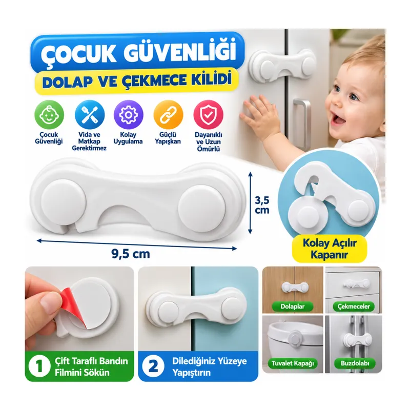 Bebek Çocuk Güvenliği Çekmece ve Dolap İçin Kendiliğinde Yapışkanlı Vidasız Kapak Kilidi