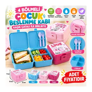 Kendiliğinden Kaşık Çatallı Beslenme Kutusu 4 Bölmeli Çocuk Beslenme Kabı Saklama Kutusu (adet fiyatıdır)