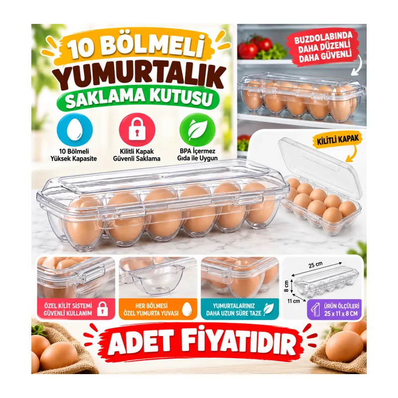 10 Bölmeli Kilitli Kapaklı Yumurtalık Saklama Kutusu YU110 (adet fiyatıdır)