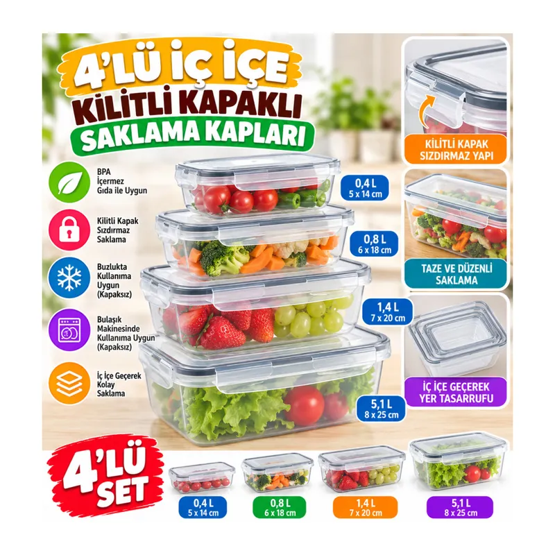 4lü İç İçe Sızdırmaz Contalı Kilitli Kapaklı Plastik Erzak Saklama Kapları LC315