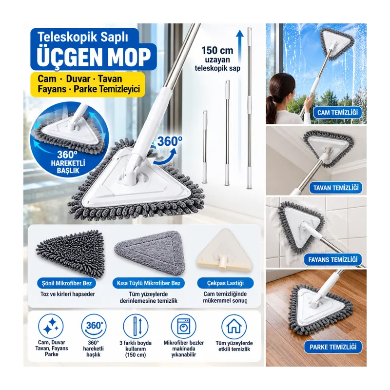 Teleskopik Saplı 150 cm Üçgen Mop Cam Duvar Tavan Fayans Parke Temizleyici Mop (adet fiyatıdır)