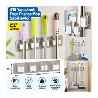 Pratik Organizer 4lü Yapışkanlı Fırça Paspas Mop Fırça Sabitleyici Ergonomik Alet Aparatı (adet fiyatıdır)