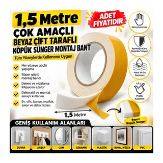 Çok Amaçlı Tüm Yüzeylerde Kullanıma Uygun Beyaz Çift Taraflı Köpük Sünger Montaj Bant(adet fiyatıdır)